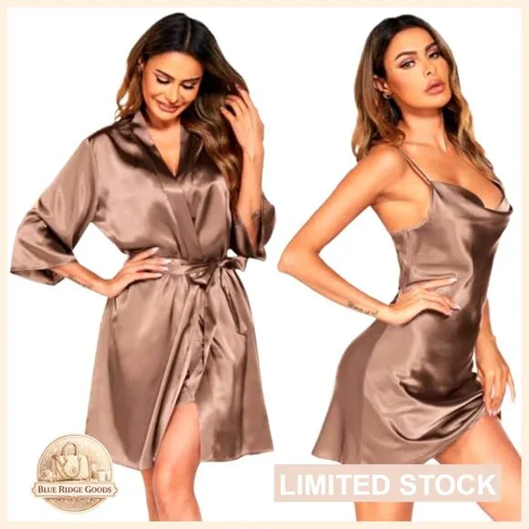 Satin Pajama Set Elegant Minimal Chic Sleepwear Robe Nightgown Lounge Wear